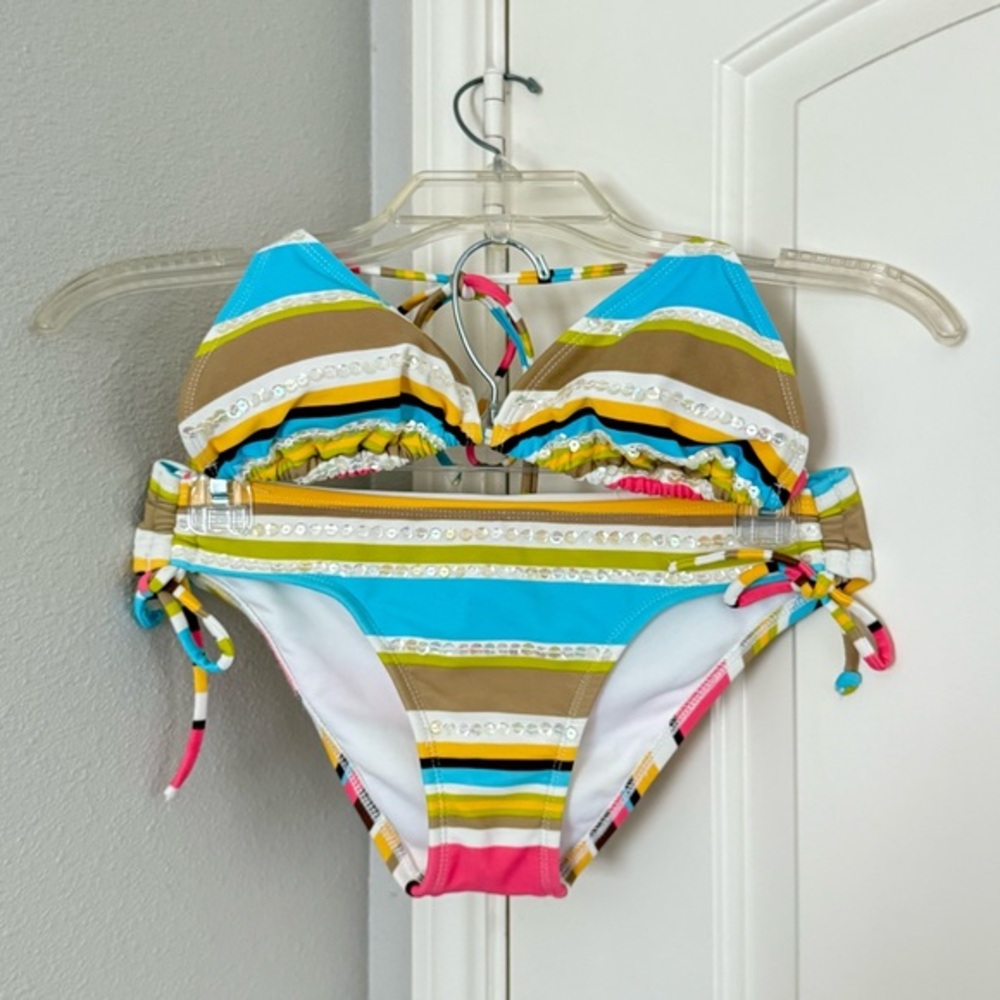 Hotkiss Sequin Bikini Set Small Y2K Rainbow Striped Sequin Vibrant Top & Bottom